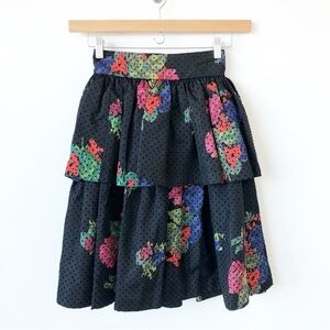 Vintage Lanvin Paris Tiered Skirt Sz 38 M Black Floral
